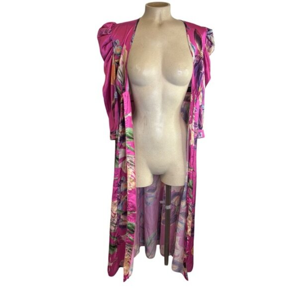 PatBo Grace Satin Floral Puff-Sleeve Midi Dress Pink Womens Size 6 Button Front - Picture 3 of 13